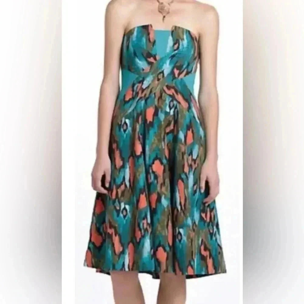 ANTHROPOLOGIE GIRLS FROM SAVOY Green Orange Ikat Strapless Dress Sz 4 EUC Teal